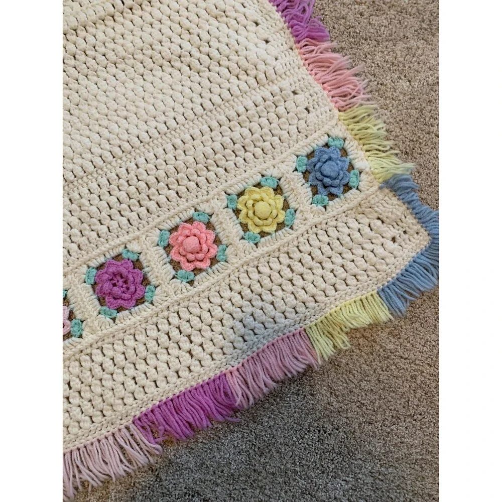 Hand Crocheted Floral Afghan, Vintage Style Lap Blanket